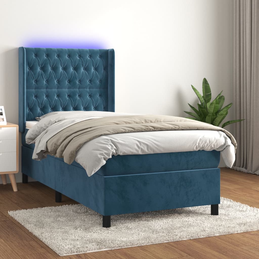 vidaXL Cama box spring c/ colchão/LED 100x200 cm veludo azul-escuro