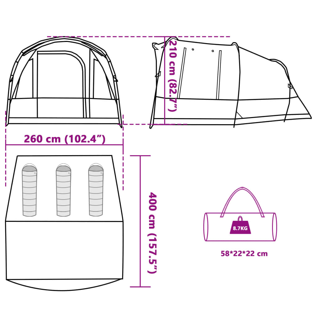 vidaXL Tenda de campismo túnel p/ 3 pessoas impermeável cinza/laranja