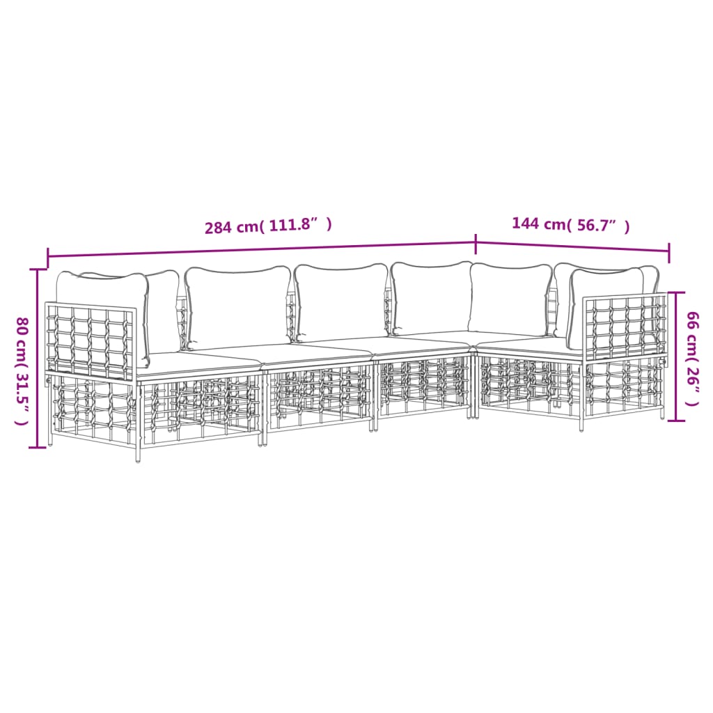 vidaXL 5 pcs conjunto lounge de jardim c/ almofadões vime PE antracite