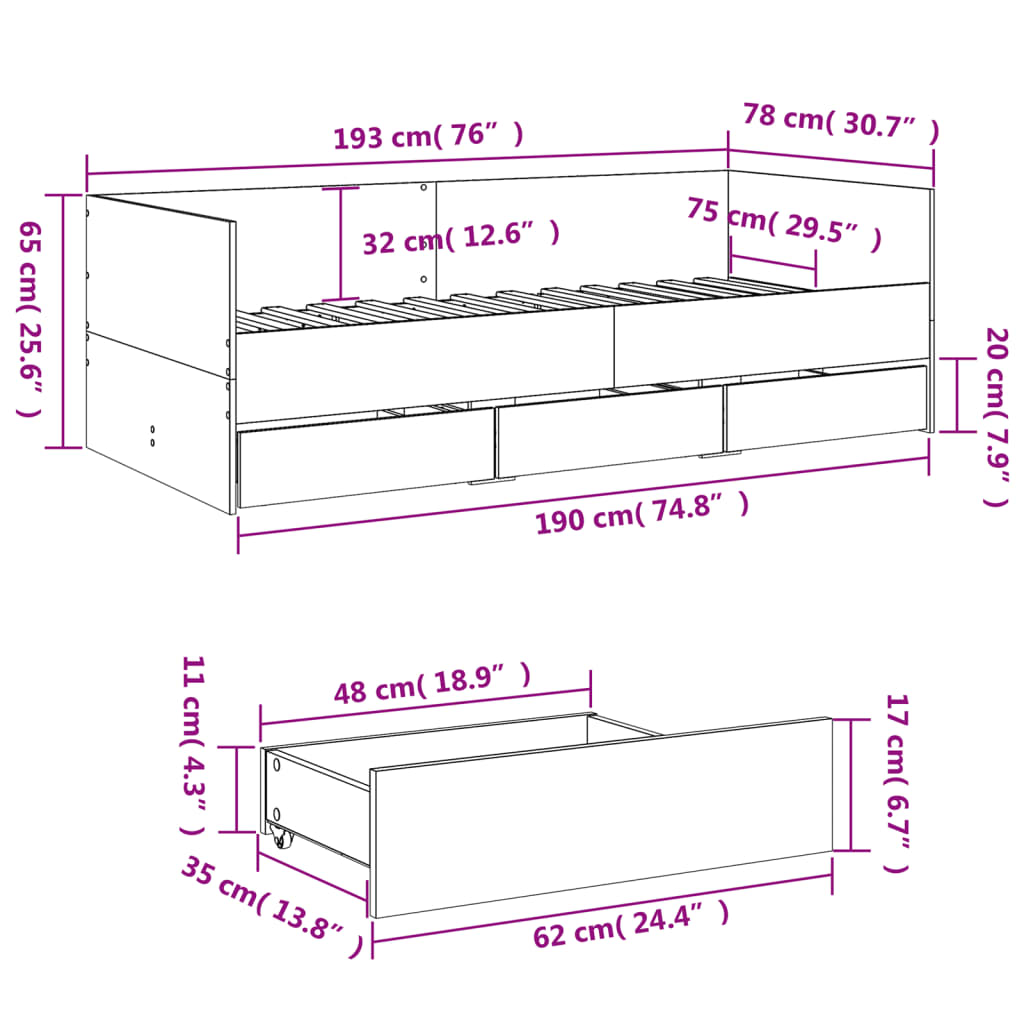 vidaXL Sofá-cama com gavetas sem colchão 75x190 cm carvalho castanho