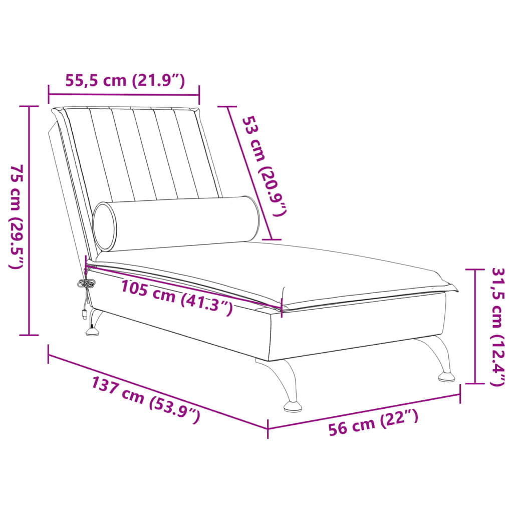 vidaXL Chaise lounge de massagem com rolo veludo vermelho tinto