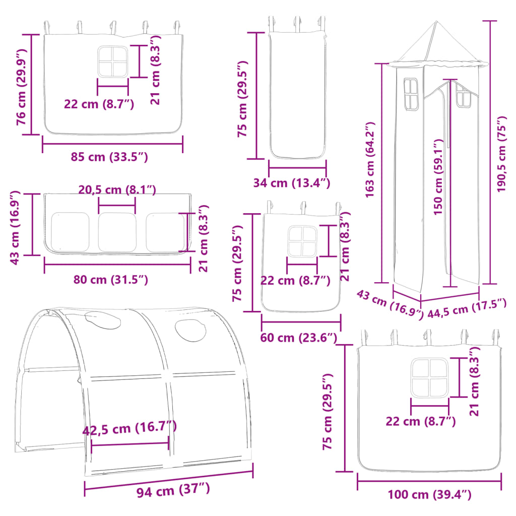 vidaXL Beliche com escorrega e cortinas 80x200 cm branco e preto