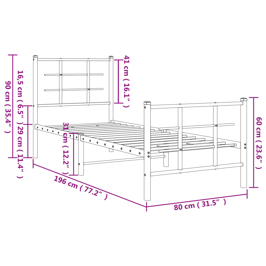 vidaXL Estrutura de cama com cabeceira e pés 75x190 cm metal preto