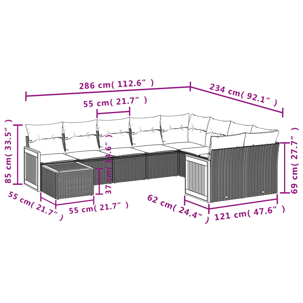 vidaXL 10 pcs conjunto de sofás p/ jardim com almofadões vime PE bege