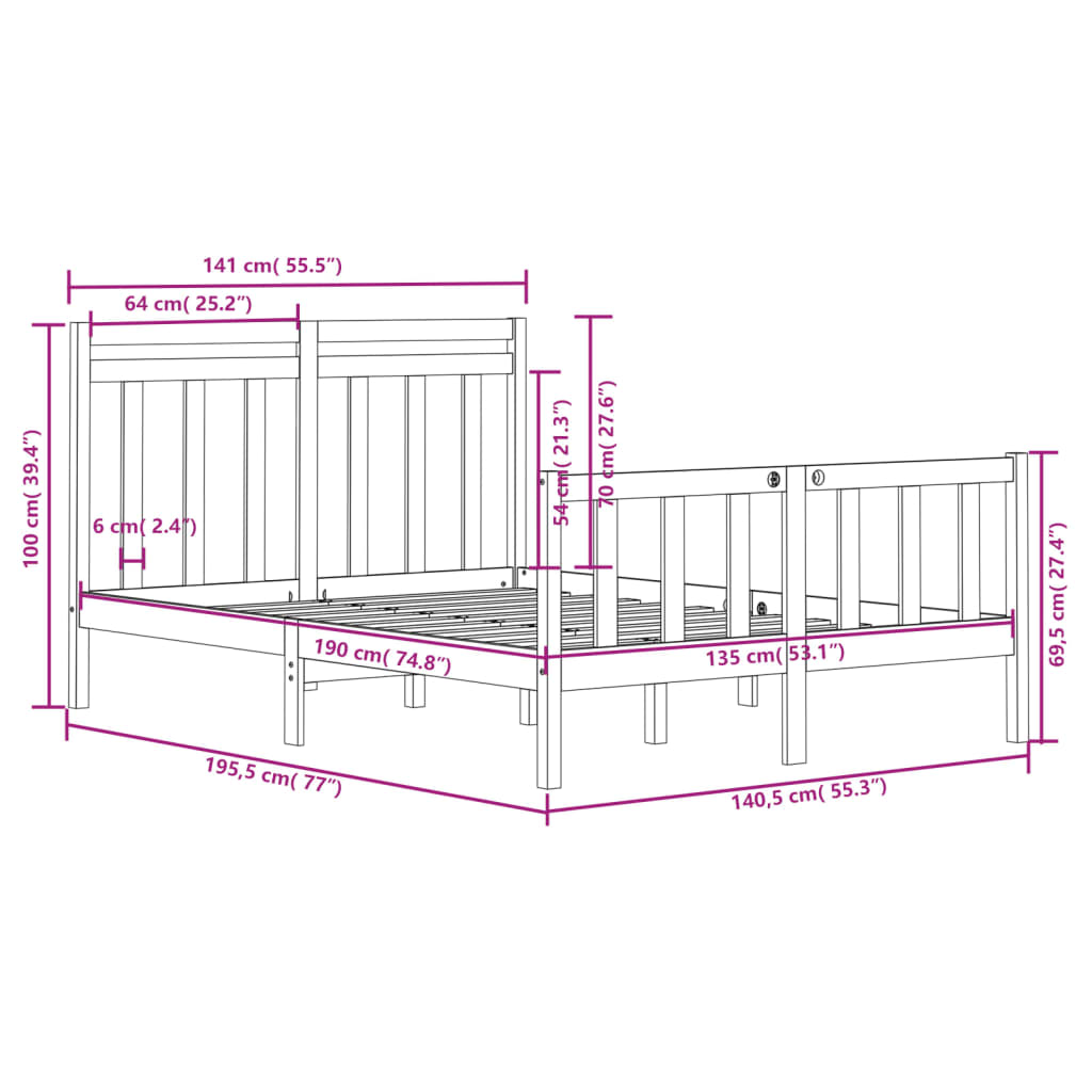 vidaXL Estrutura de cama casal 135x190 cm madeira maciça