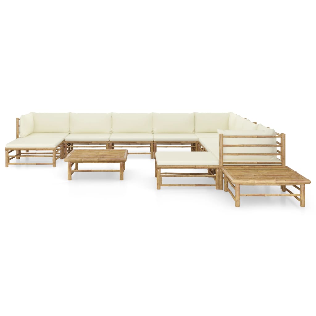 vidaXL 12 pcs conj. lounge p/ jardim bambu c/ almofadões branco nata