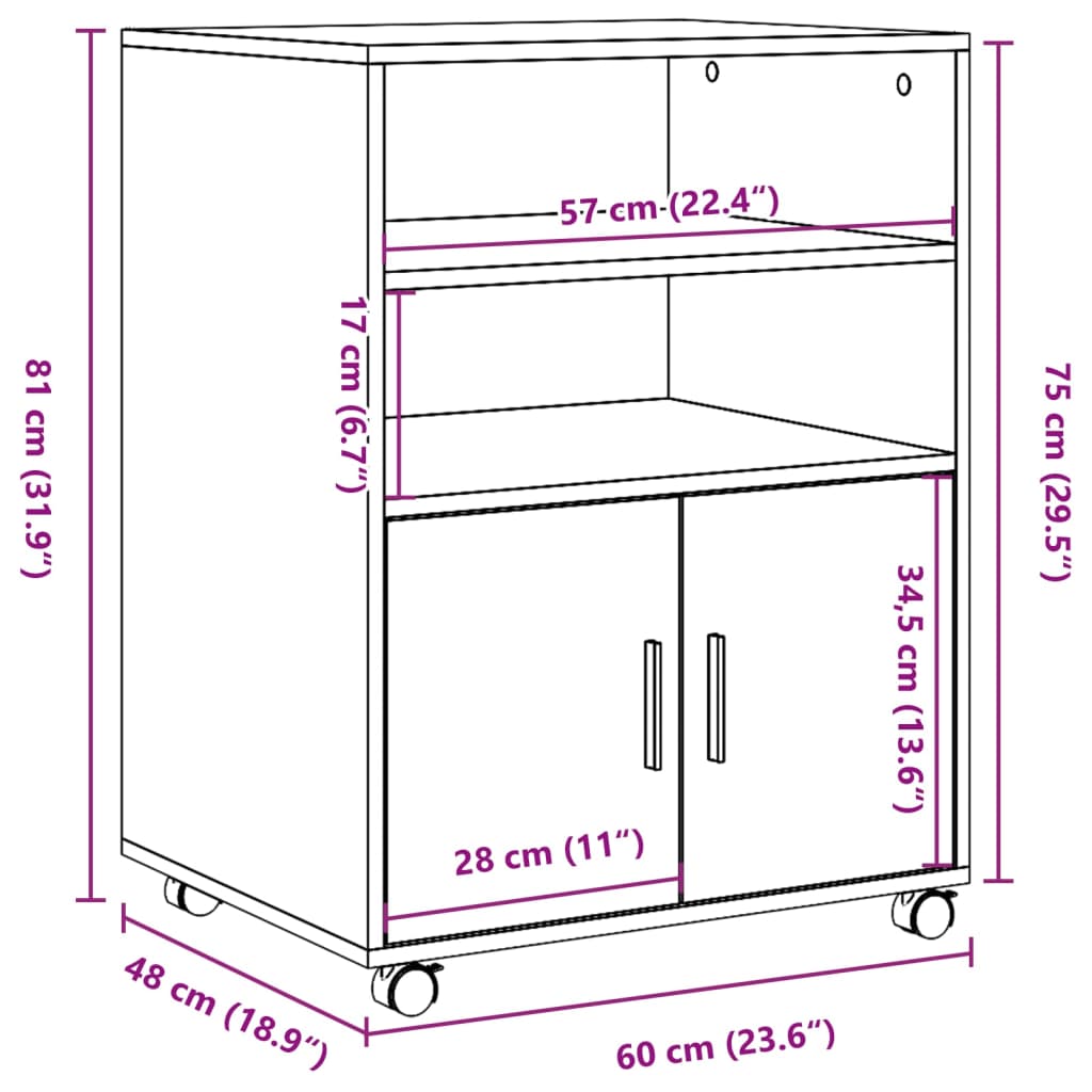 vidaXL Móvel c/ rodas 60x48x81 cm derivados de madeira cinzento sonoma