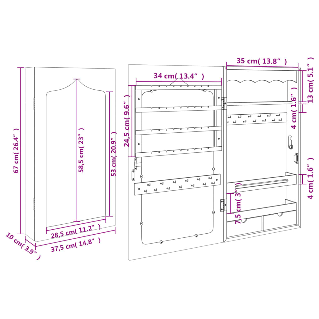 vidaXL Móvel para joias de parede espelhado 37,5x10x67 cm branco