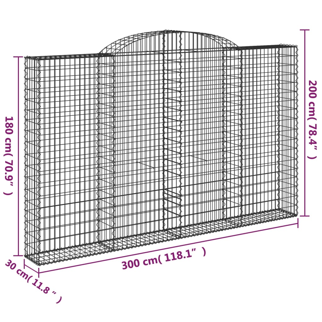 vidaXL Cesto gabião arqueado 300x30x180/200 cm ferro galvanizado