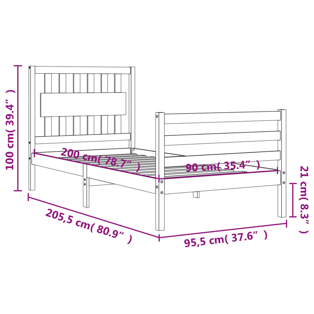 vidaXL Estrutura de cama com cabeceira 90x200 cm madeira maciça