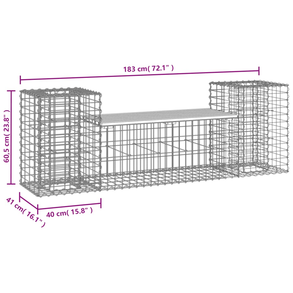 vidaXL Banco de jardim c/ design gabião 183x41x60,5 cm pinho maciço