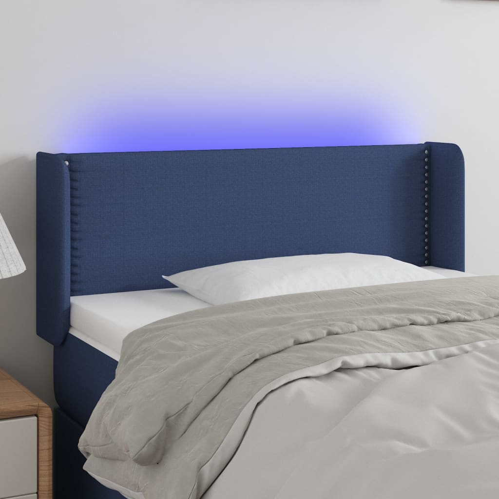 vidaXL Cabeceira de cama c/ luzes LED tecido 103x16x78/88 cm azul