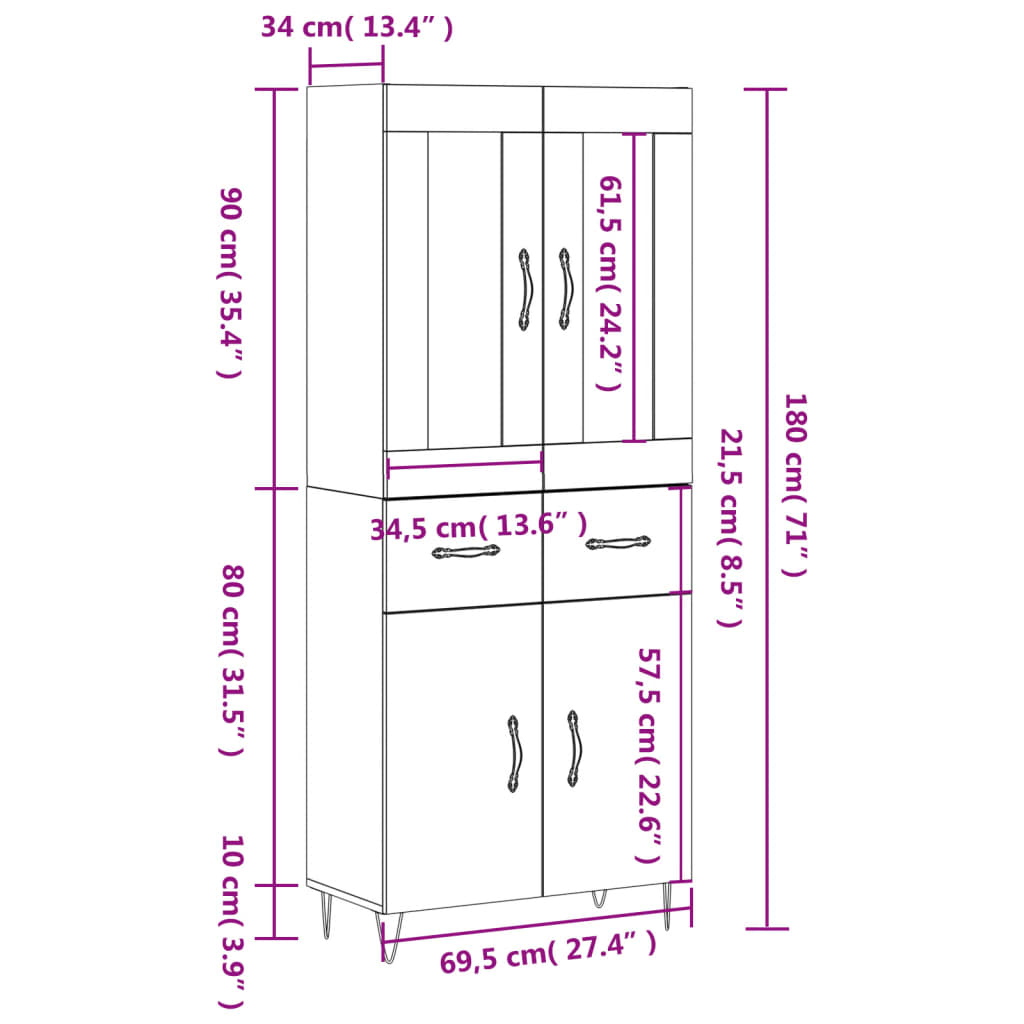 vidaXL Armário alto 69,5x34x180 cm derivados de madeira branco