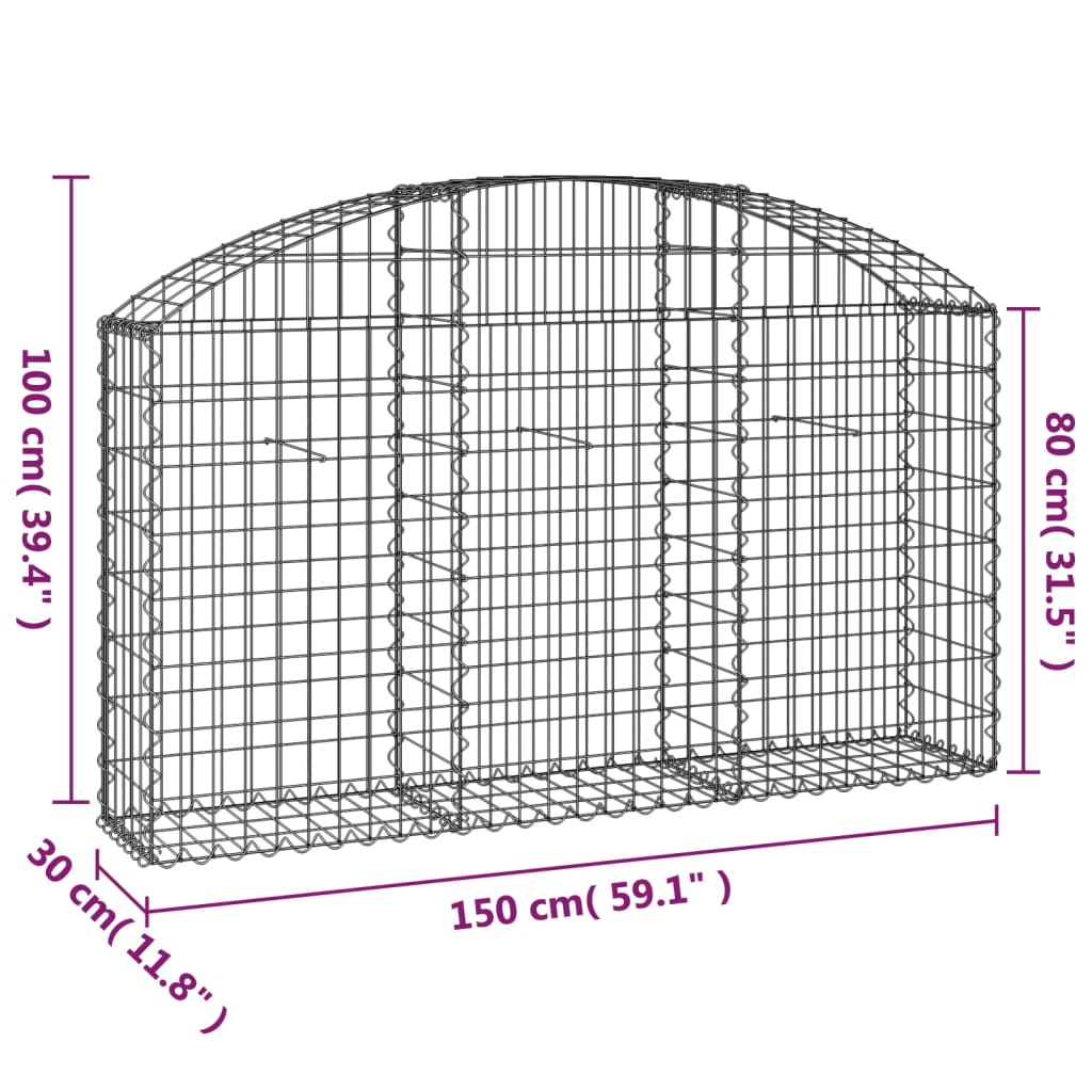 vidaXL Cesto gabião arqueado 150x30x80/100 cm ferro galvanizado