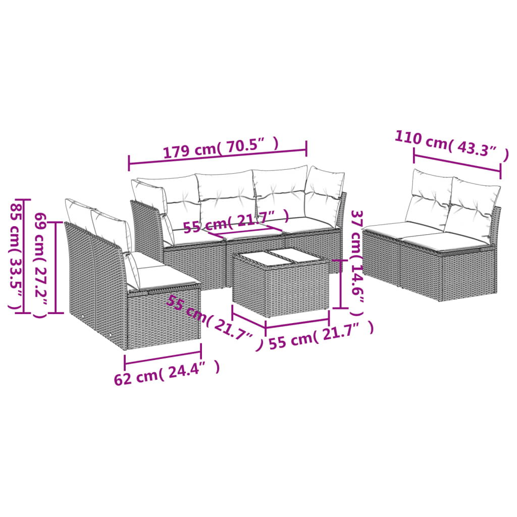 vidaXL 8 pcs conjunto sofás de jardim c/ almofadões vime PE cinzento