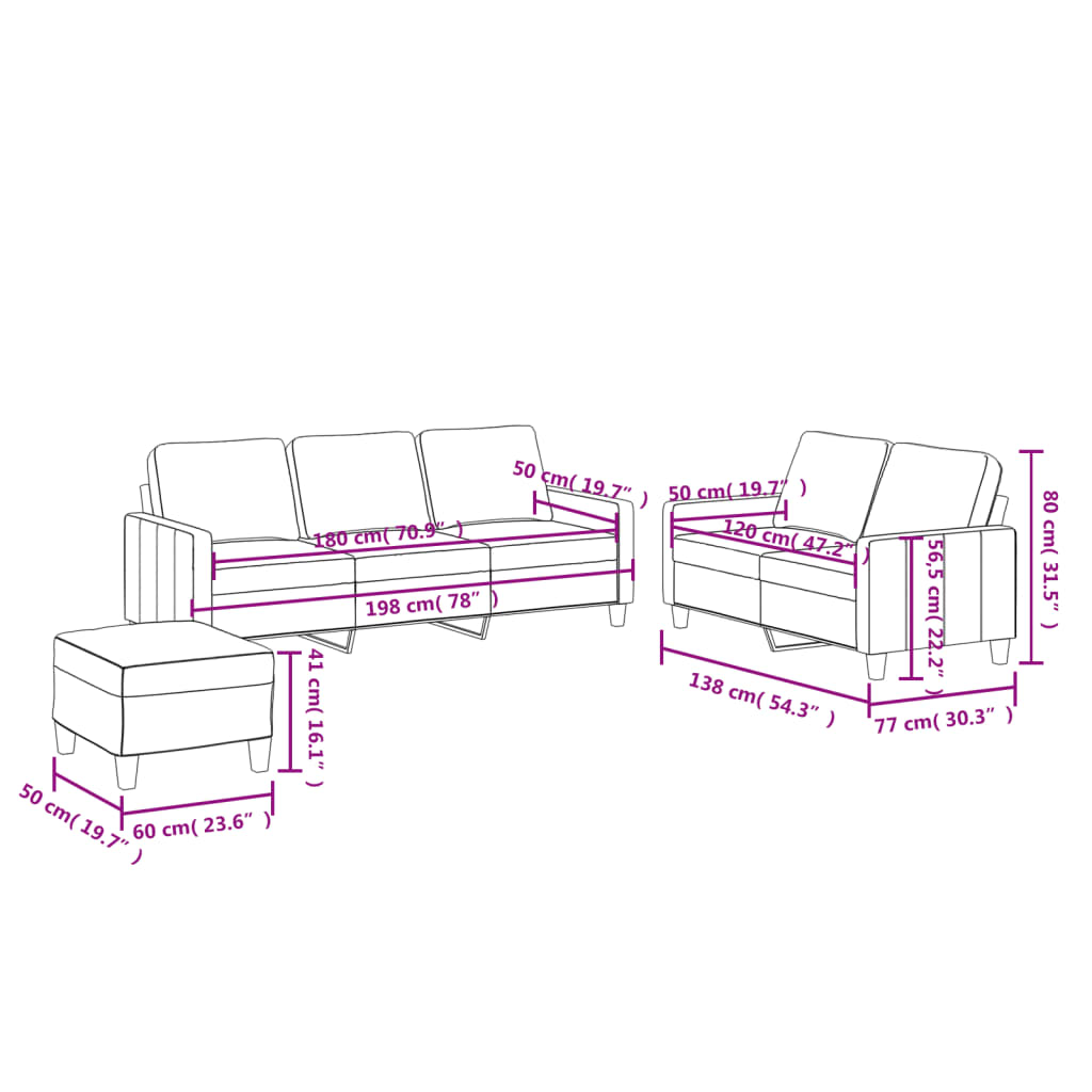 vidaXL 3 pcs conjunto sofás c/ almofadões couro artificial cor creme