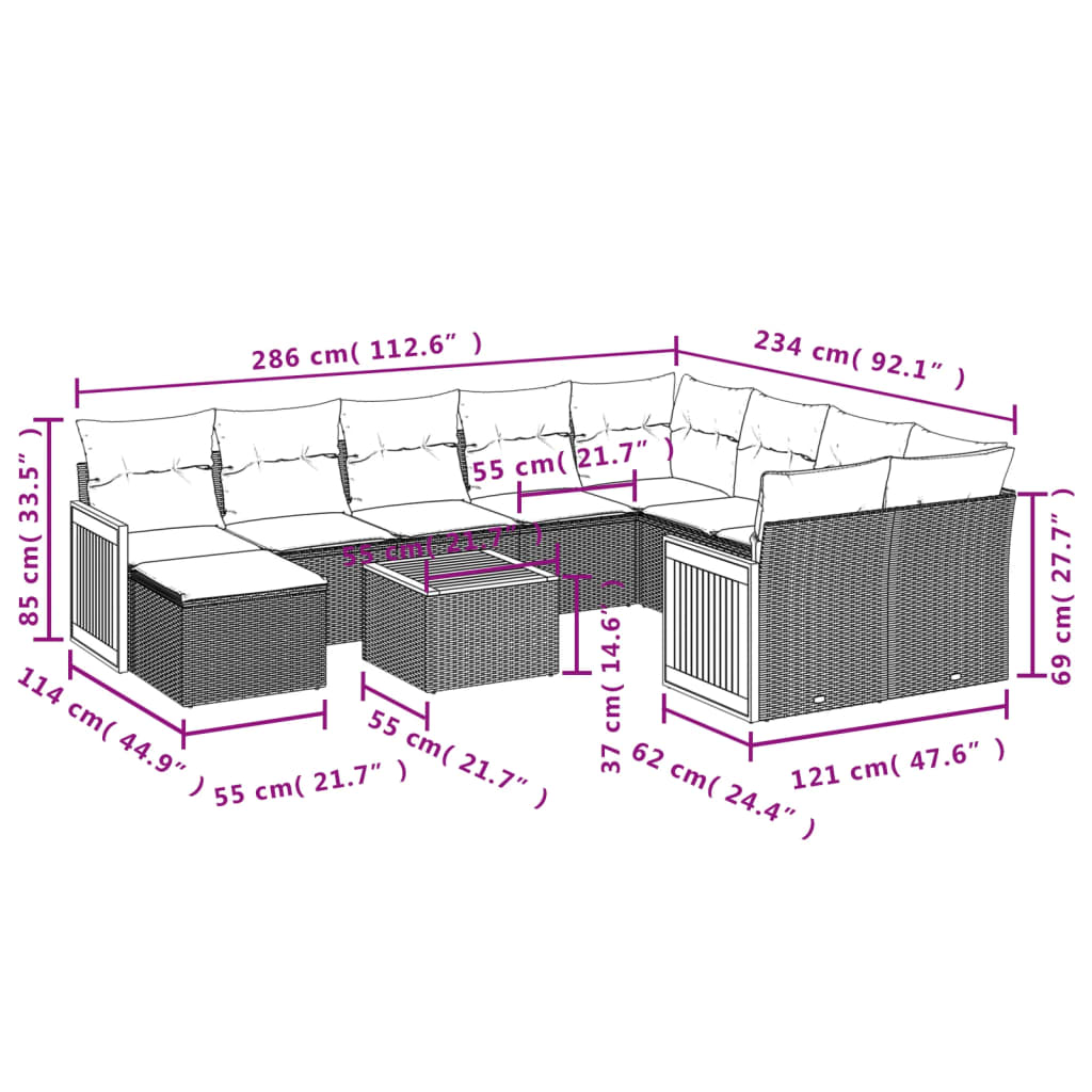 vidaXL 11 pcs conjunto sofás de jardim c/ almofadões vime PE preto