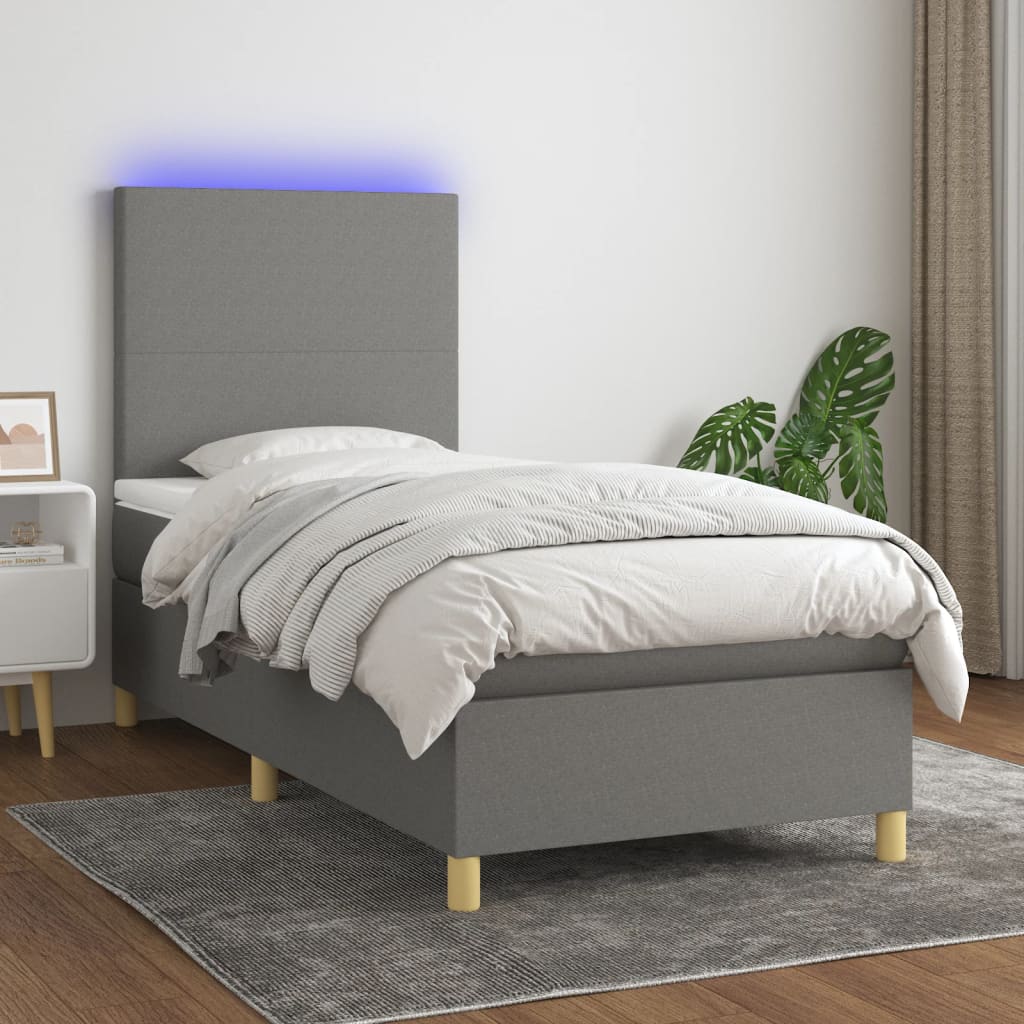 vidaXL Cama box spring c/ colchão e LED 90x190 cm tecido cinza-escuro