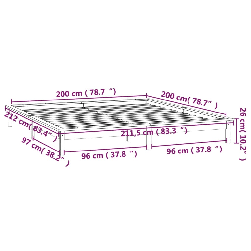 vidaXL Estrutura de cama com LEDs 200x200 cm madeira maciça preto