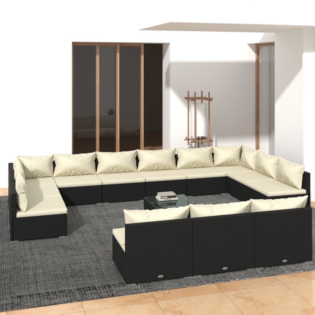 vidaXL 14 pcs conjunto lounge de jardim c/ almofadões vime PE preto