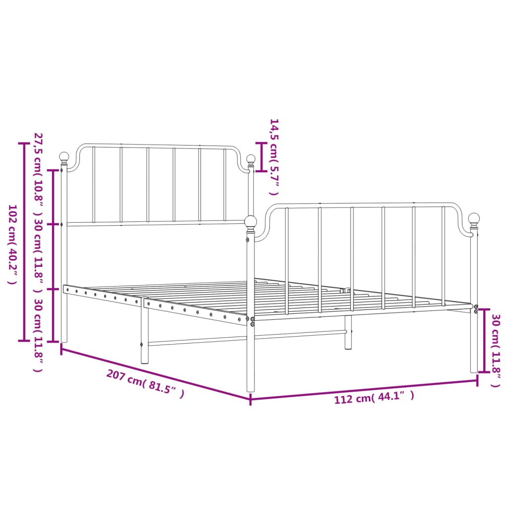 vidaXL Estrutura de cama com cabeceira e pés 107x203 cm metal preto