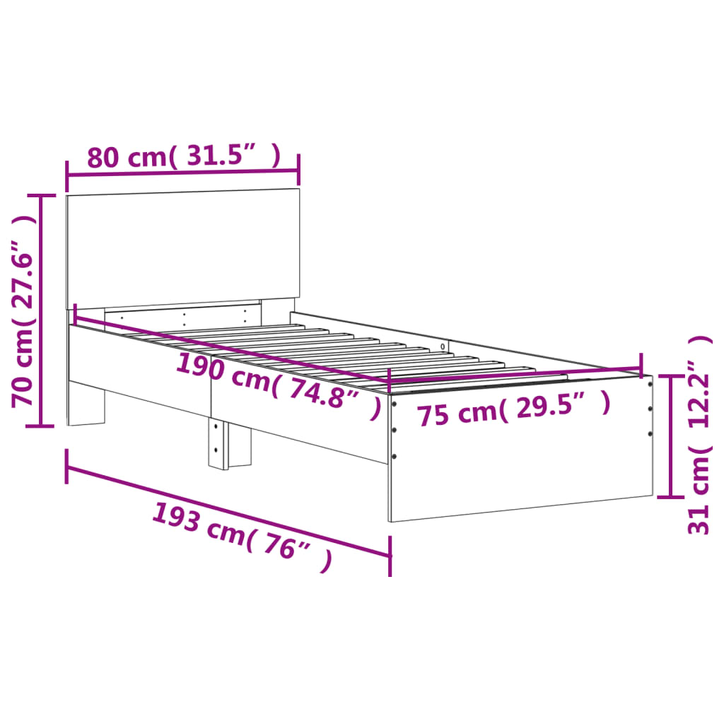 vidaXL Estrutura de cama c/ cabeceira/luzes LED 75x190 cm cinza sonoma