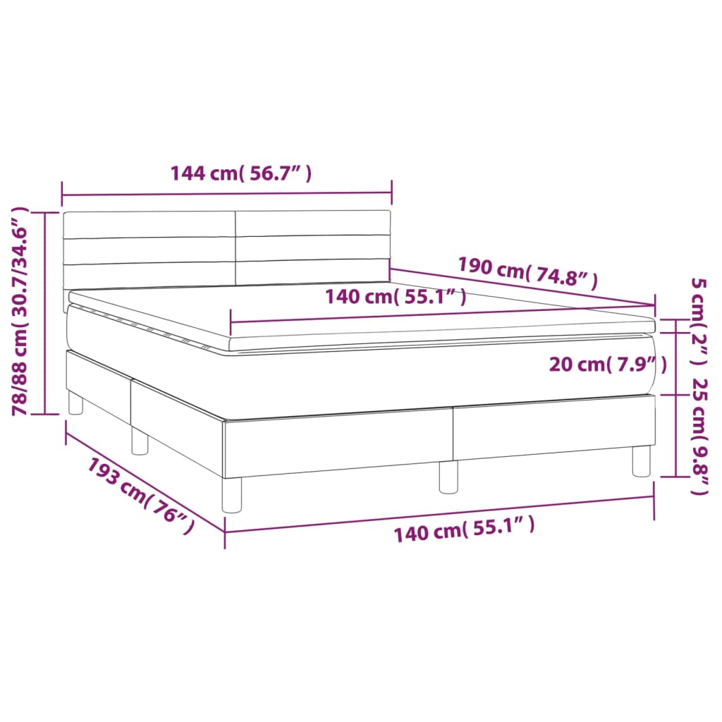 vidaXL Cama box spring c/ colchão e LED 140x190 cm tecido azul