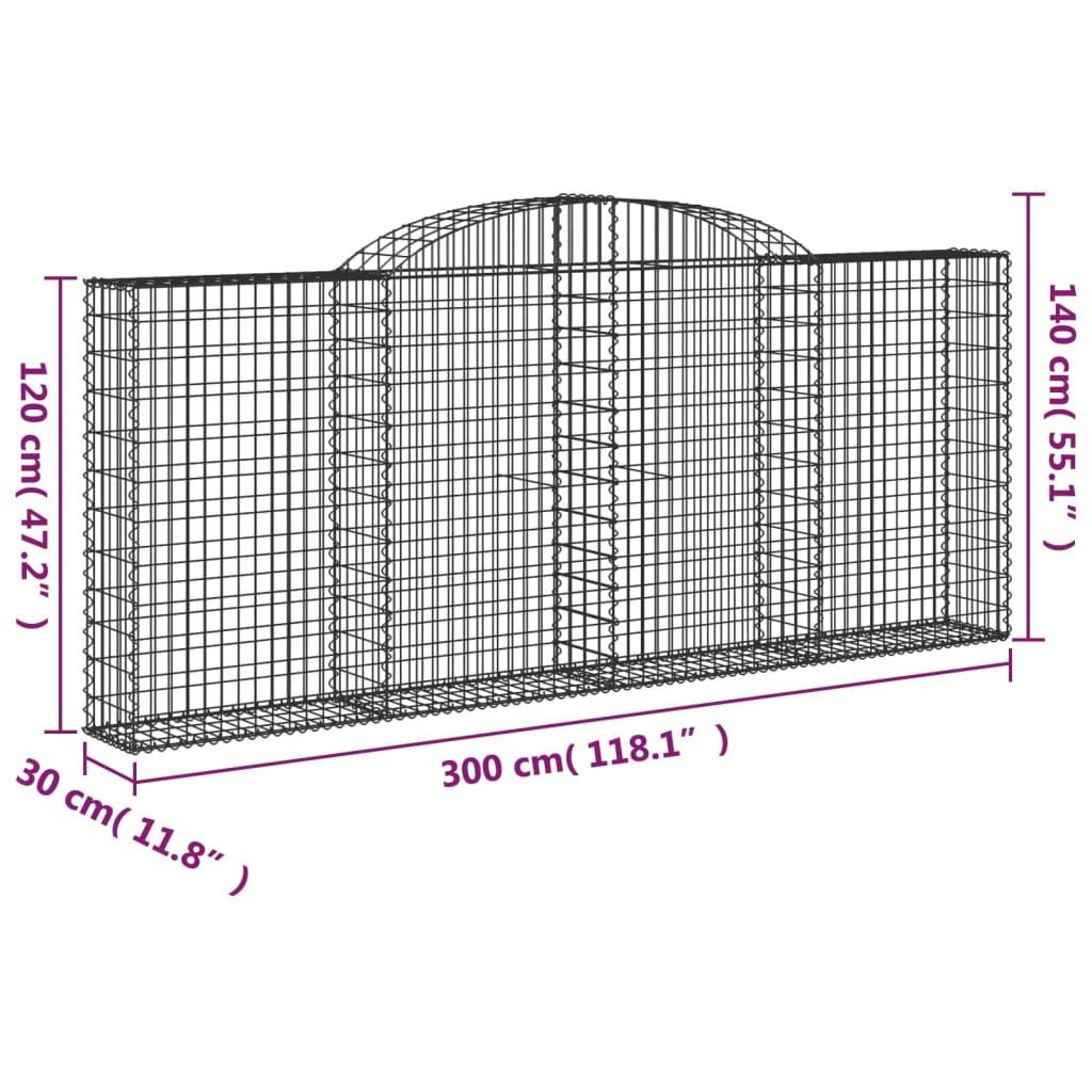 vidaXL Cestos gabião arqueados 6pcs 300x30x120/140cm ferro galvanizado