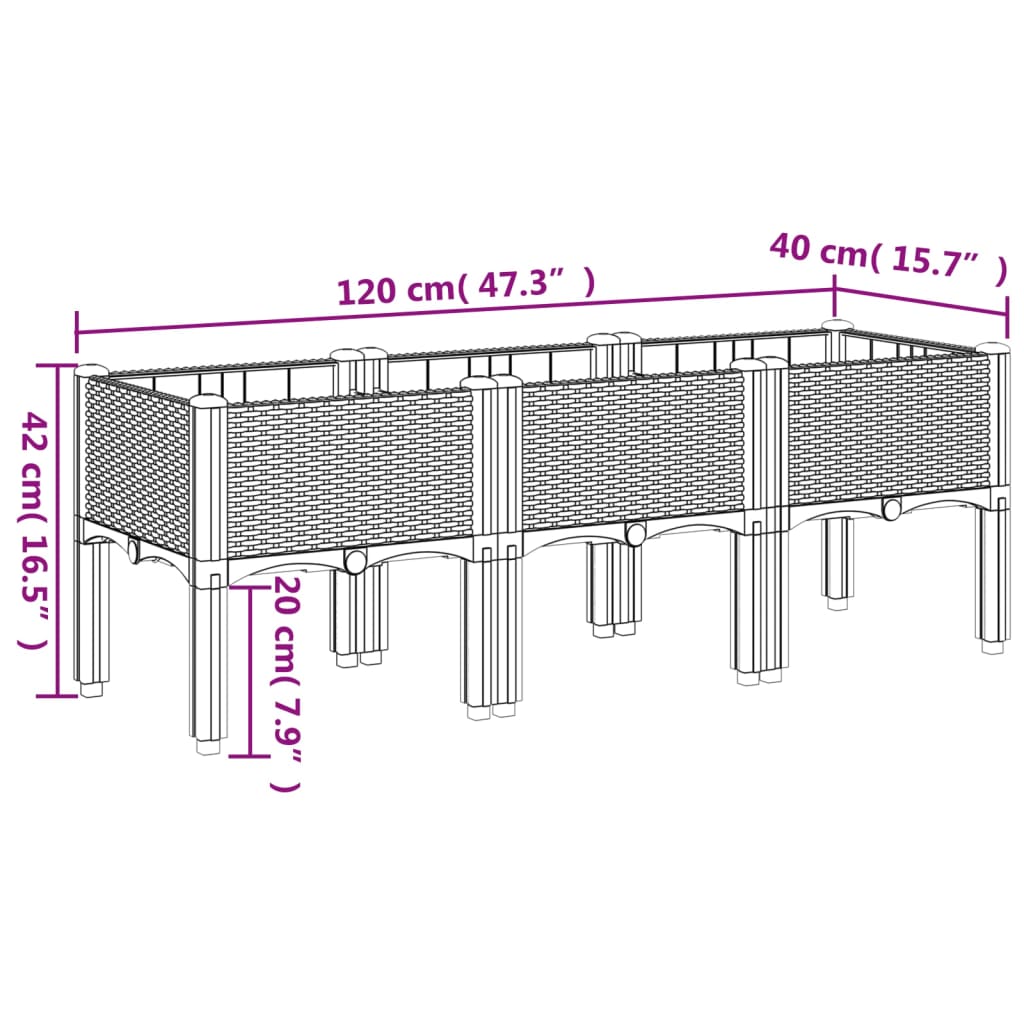 vidaXL Vaso/floreira de jardim c/ pernas 120x40x42cm PP cinzento-claro