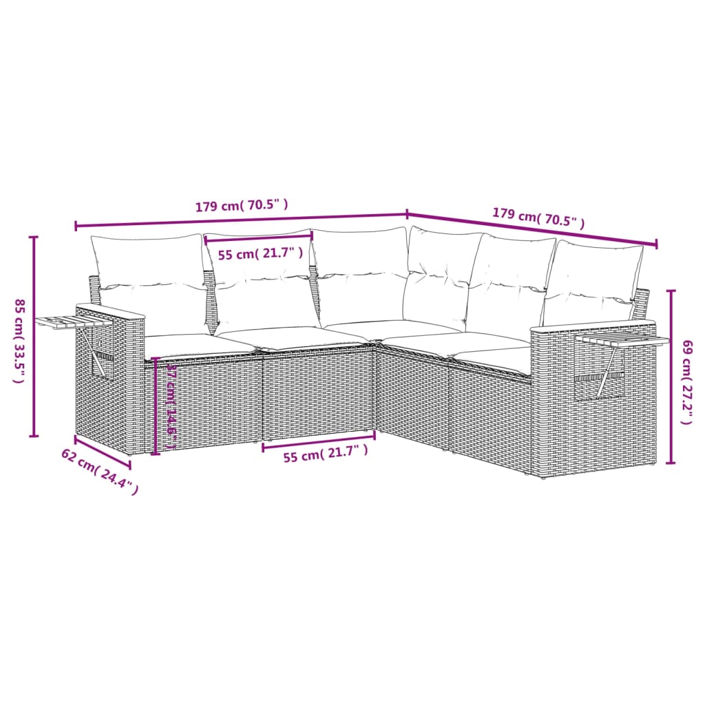 vidaXL 5 pcs conjunto sofás de jardim com almofadões vime PE preto