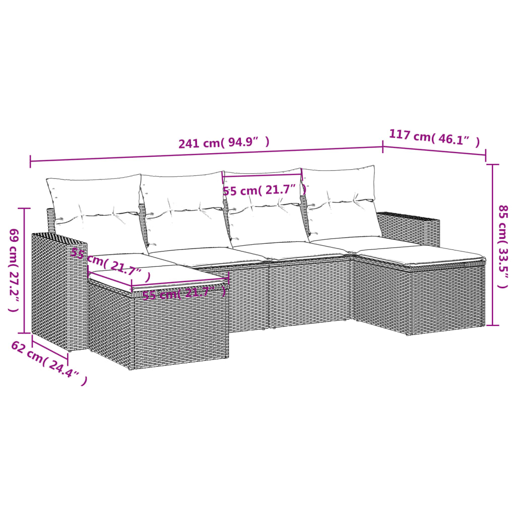 vidaXL 6 pcs conjunto de sofás p/ jardim com almofadões vime PE bege