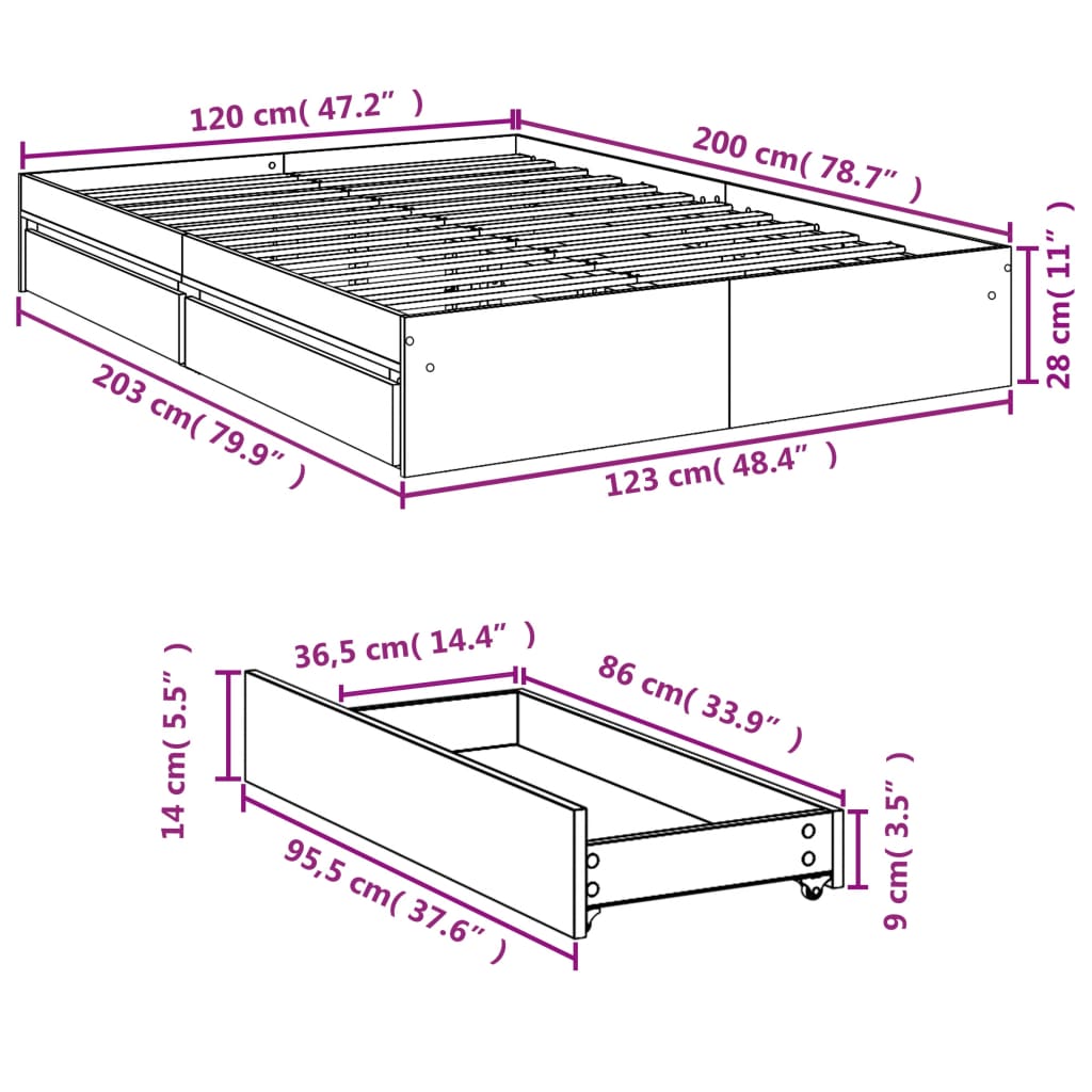 vidaXL Estrutura de cama c/ gavetas derivados madeira cinza sonoma