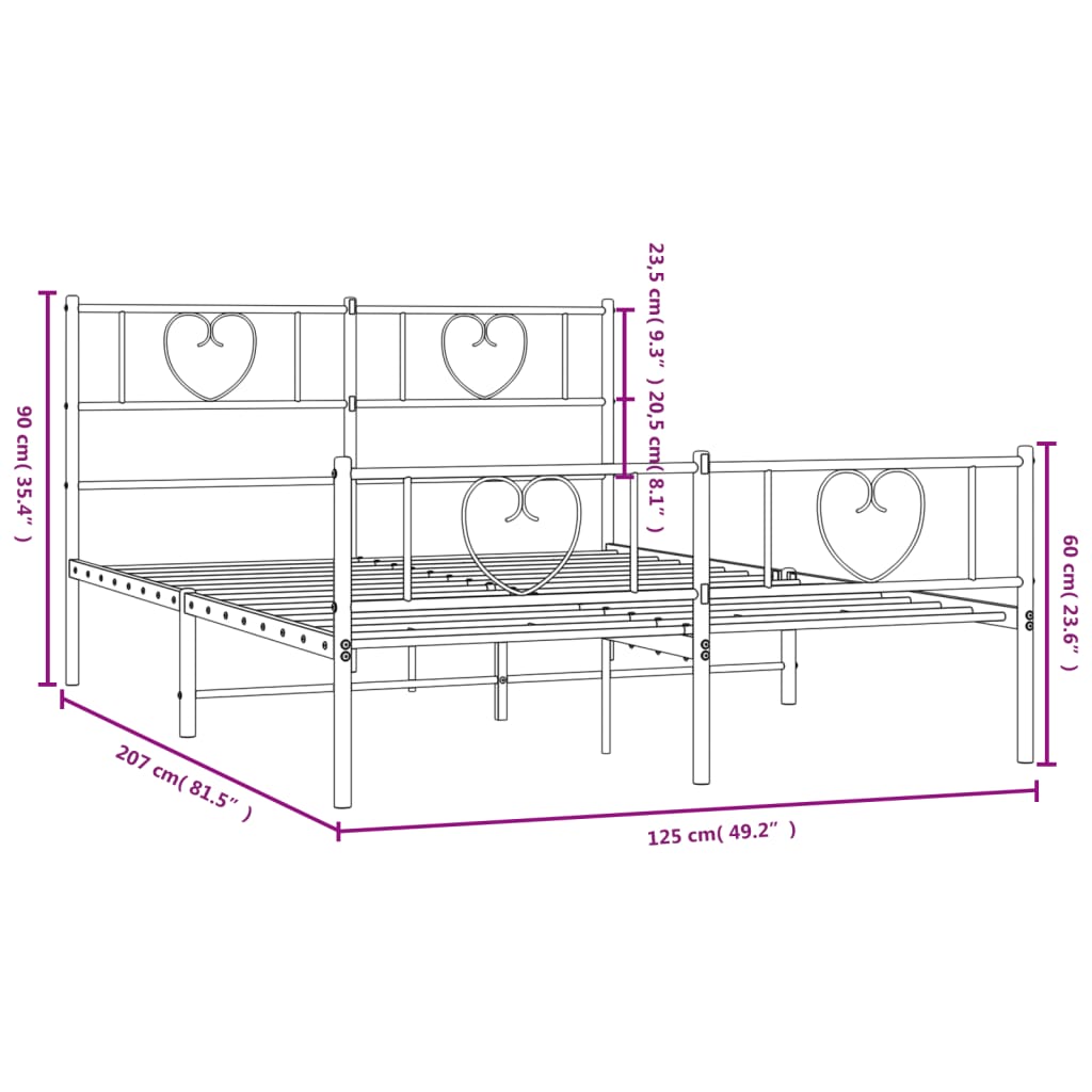 vidaXL Estrutura de cama com cabeceira e pés 120x200 cm metal preto