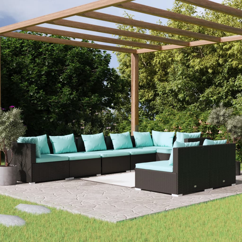 vidaXL 8 pcs conjunto lounge de jardim c/ almofadões vime PE preto