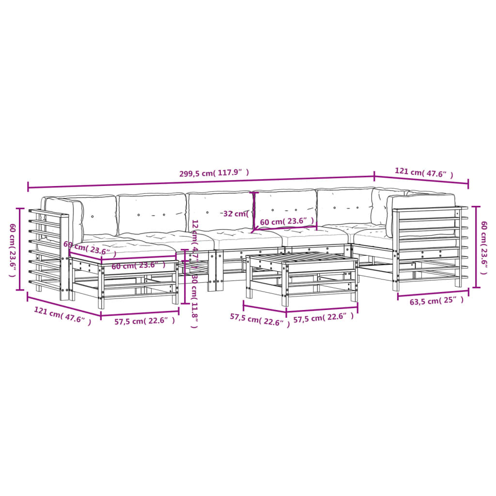 vidaXL 8pcs conjunto lounge jardim c/ almofadões madeira maciça branco