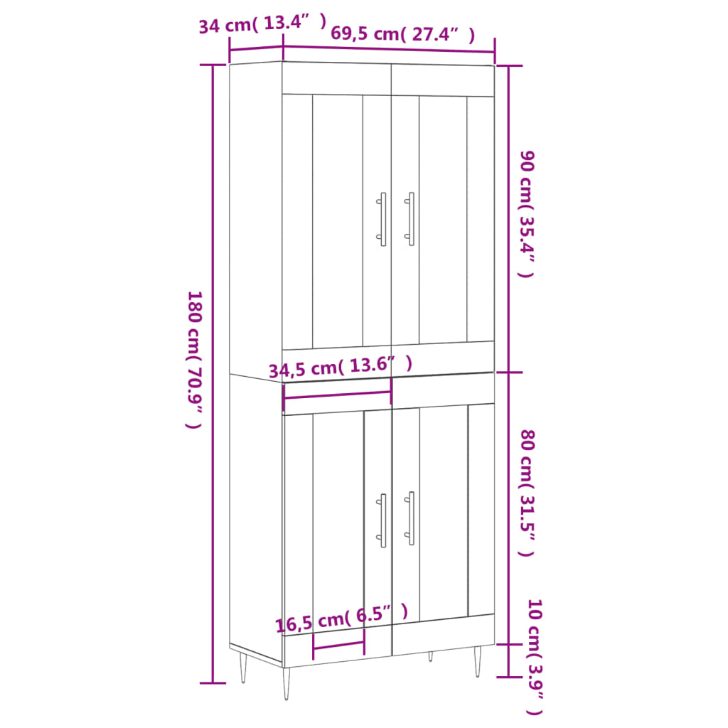 vidaXL Armário alto 69,5x34x180 cm derivados de madeira sonoma cinza