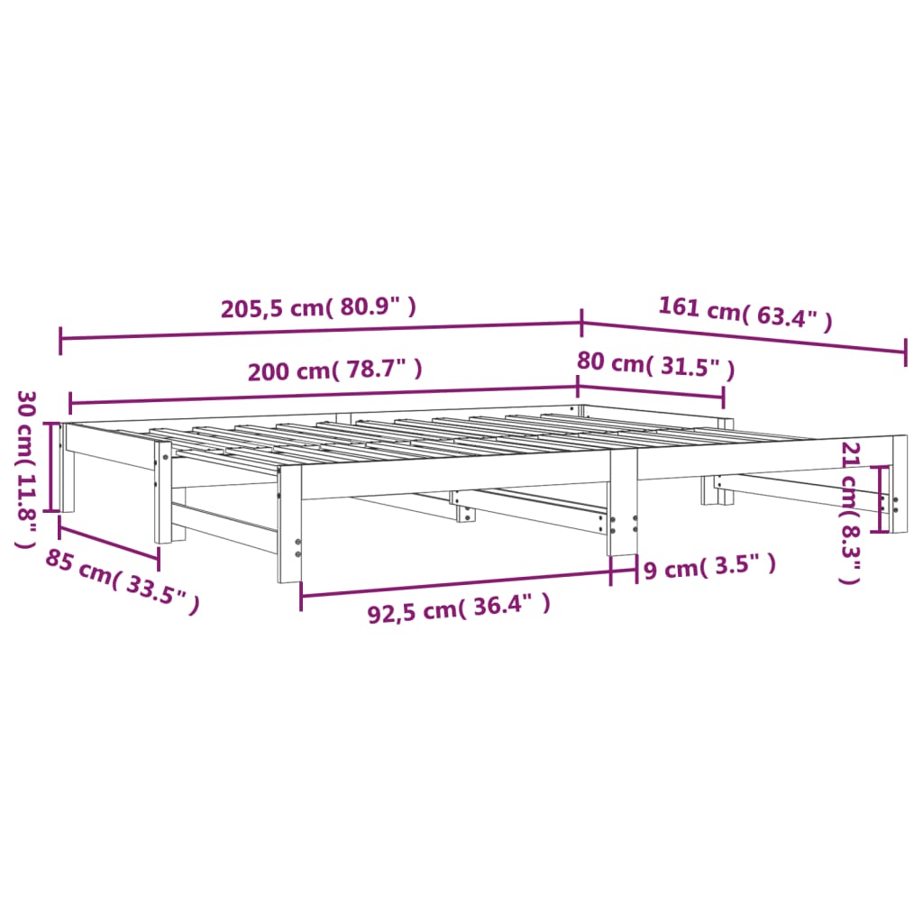 vidaXL Sofá-cama de puxar 2x(80x200) cm pinho maciço preto