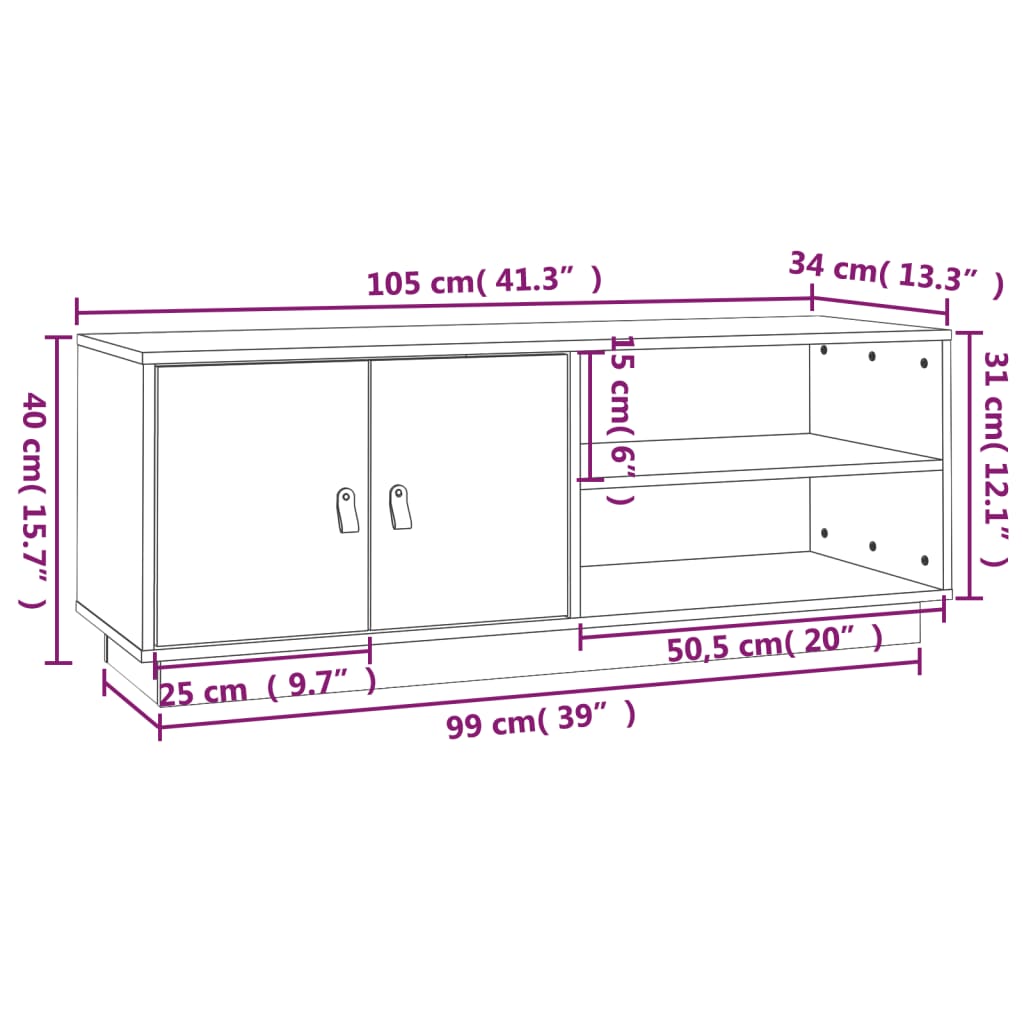 vidaXL Móvel de TV 105x34x40 cm madeira de pinho maciça branco