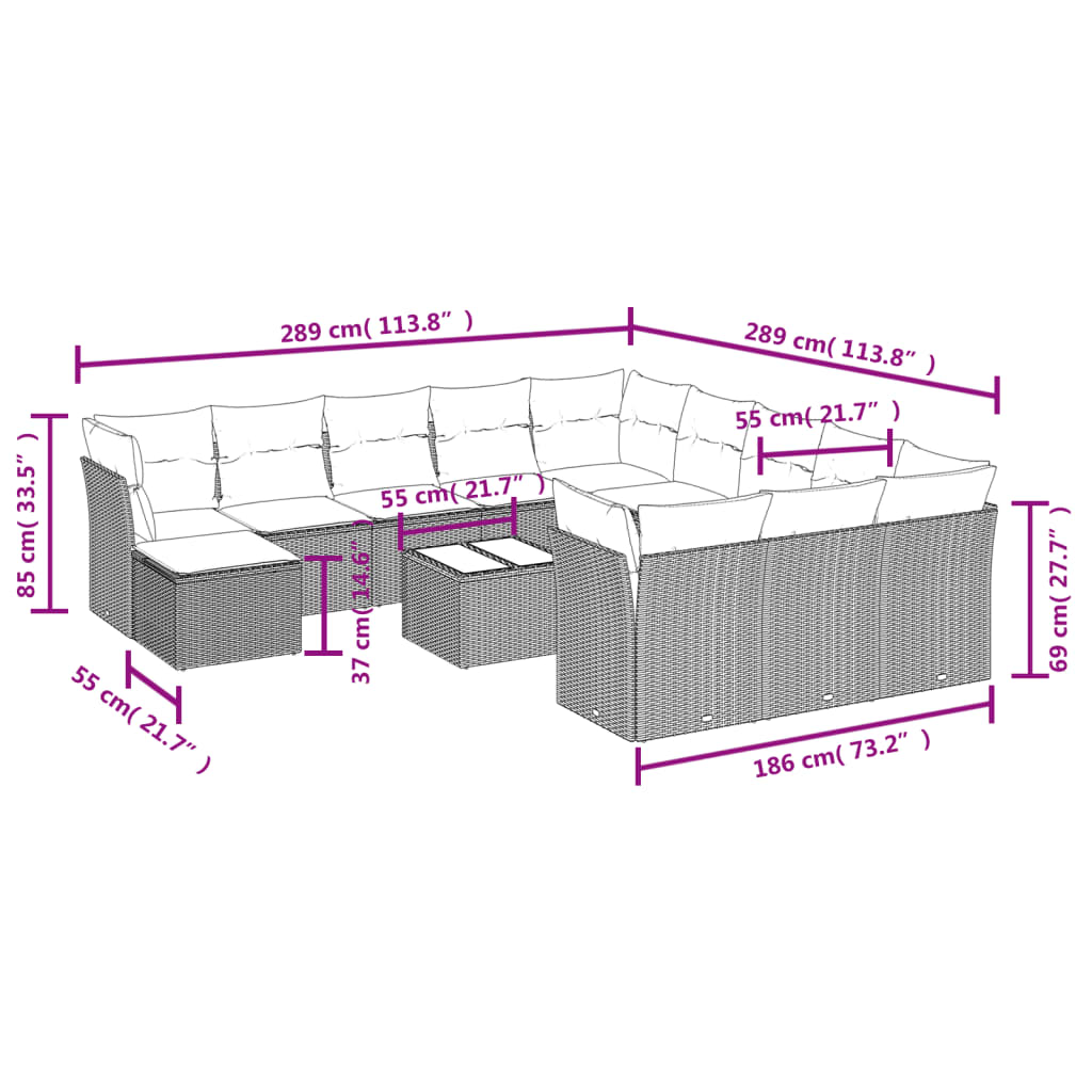 vidaXL 13 pcs conjunto de sofás de jardim com almofadões vime PE preto