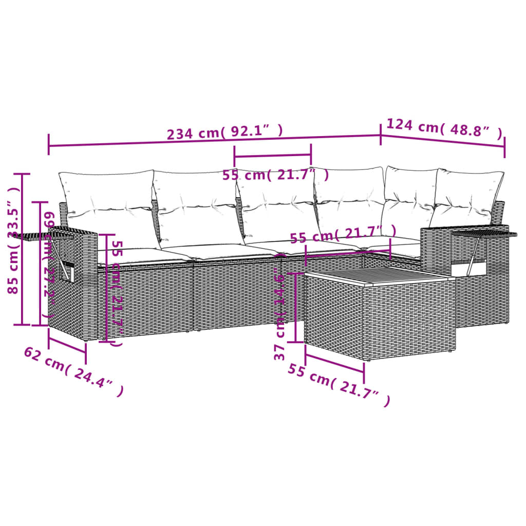 vidaXL 6 pcs conjunto sofás de jardim c/ almofadões vime PE preto