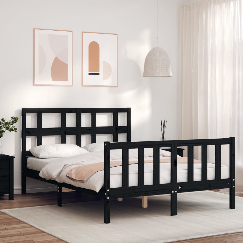 vidaXL Estrutura de cama com cabeceira 140x200 cm madeira maciça preto