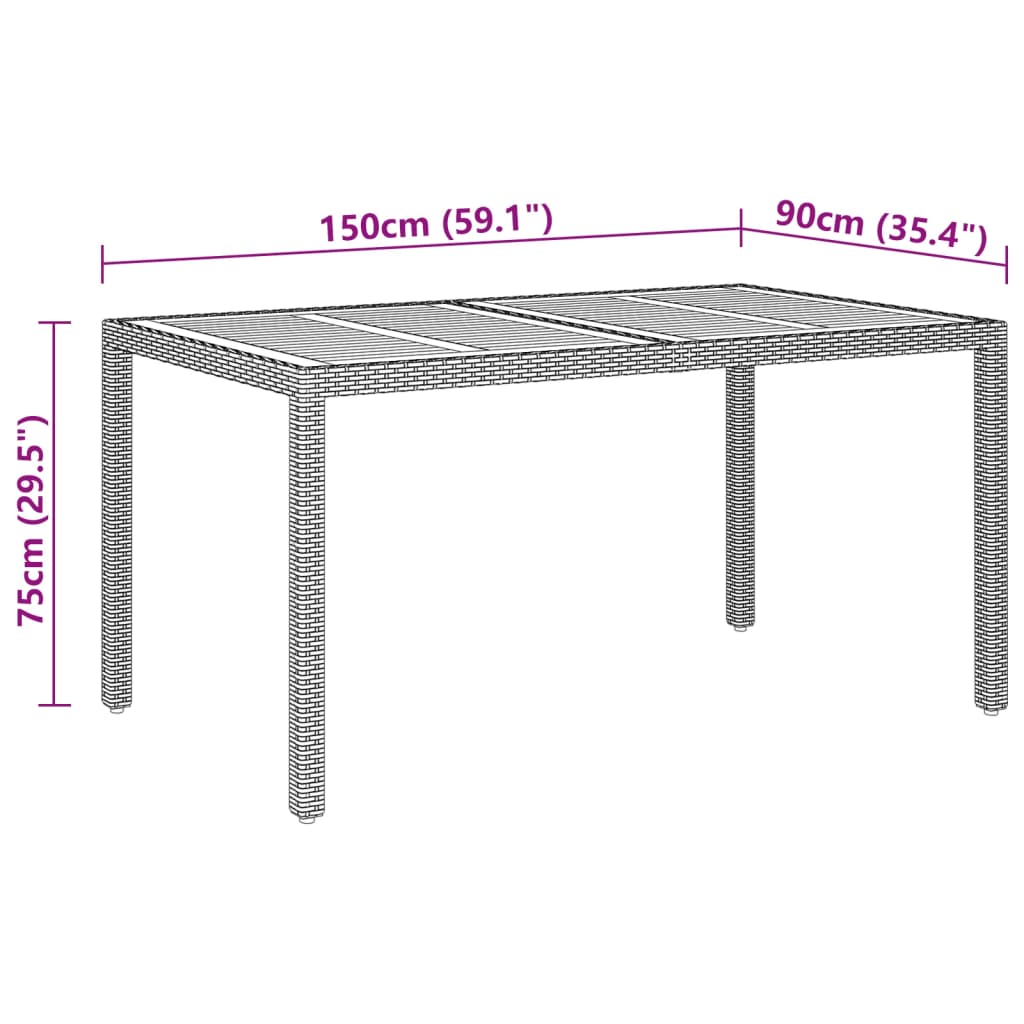 vidaXL Mesa de jardim 150x90x75cm madeira de acácia e vime PE cinzento