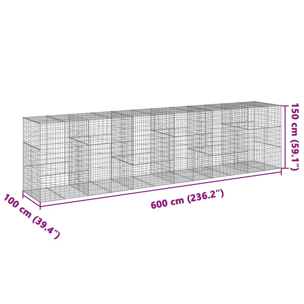 vidaXL Cesto gabião com cobertura 600x100x150 cm ferro galvanizado