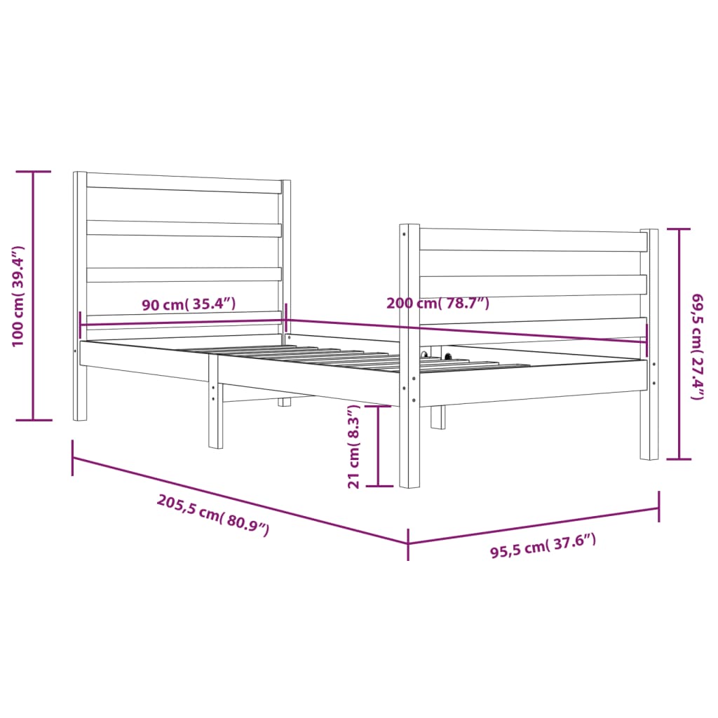 vidaXL Estrutura de cama 90x200 cm pinho maciço castanho mel