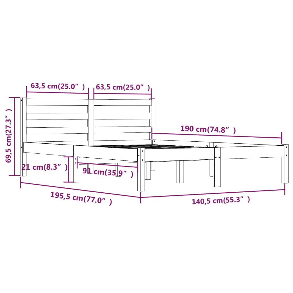 vidaXL Estrutura de cama casal 135x190 cm pinho maciço cinzento