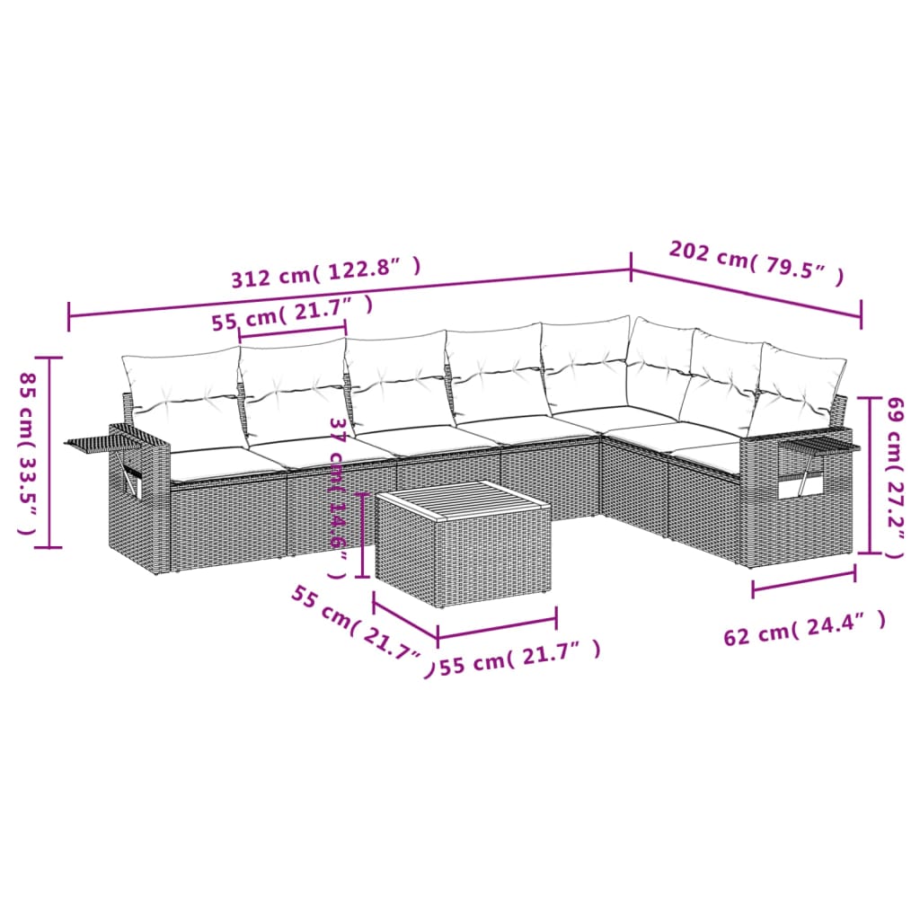 vidaXL 8 pcs conjunto de sofás p/ jardim com almofadões vime PE bege