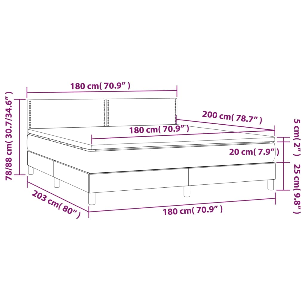 vidaXL Cama box spring c/ colchão/LED 180x200cm veludo cinzento-escuro