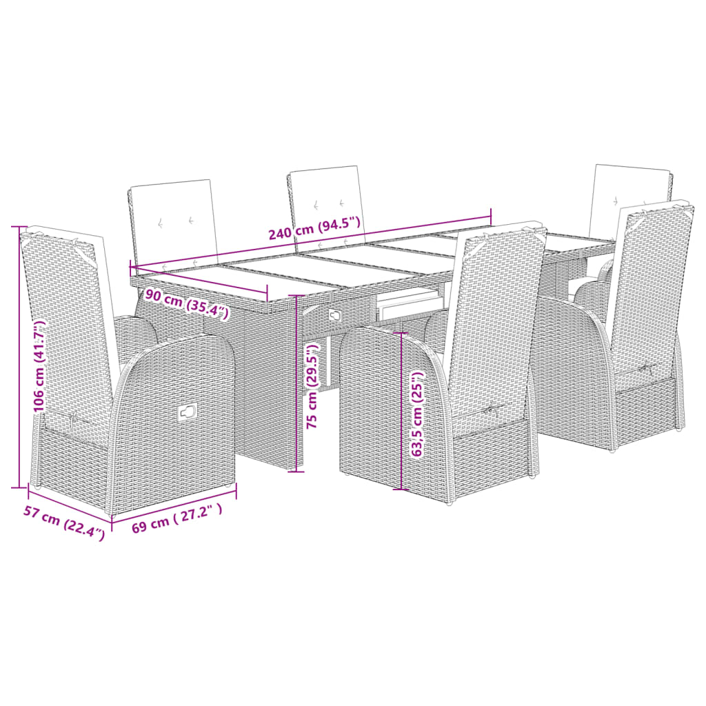 vidaXL 7 pcs conjunto de jantar p/ jardim c/ almofadões vime PE cinza