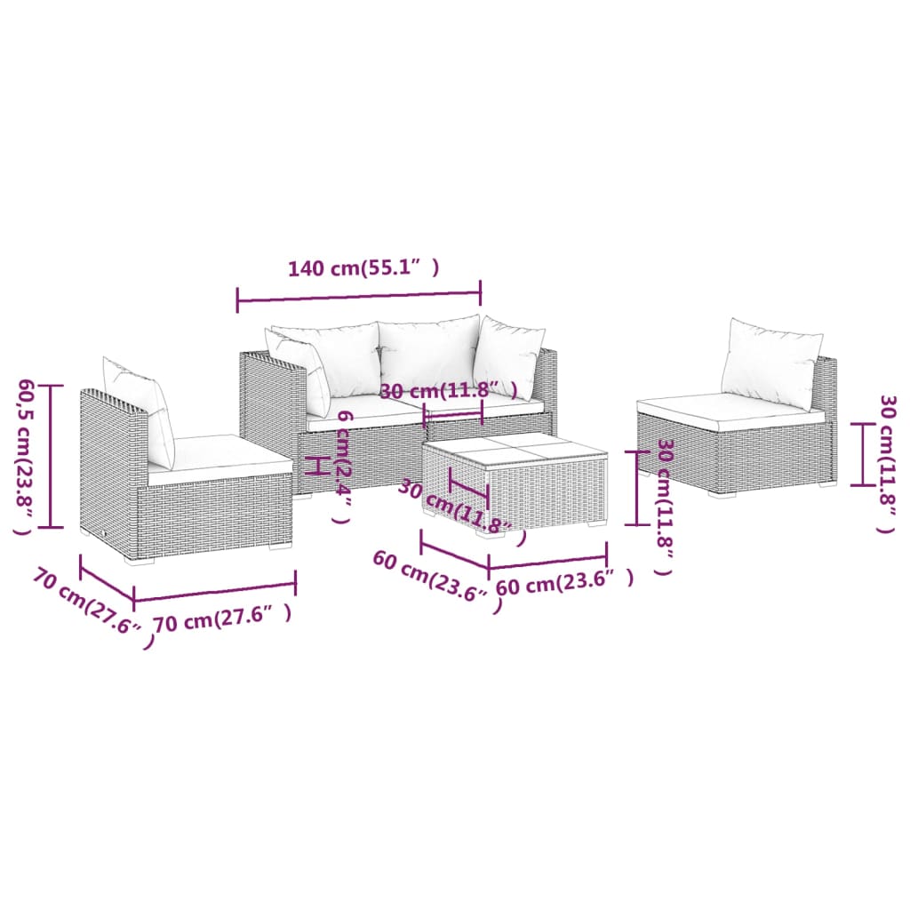 vidaXL 5 pcs conjunto lounge de jardim c/ almofadões vime PE cinzento