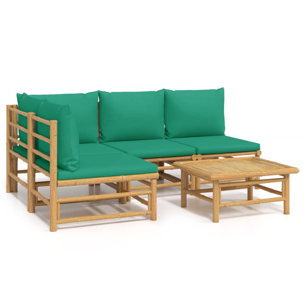 vidaXL 5 pcs conjunto lounge de jardim bambu c/ almofadões verdes